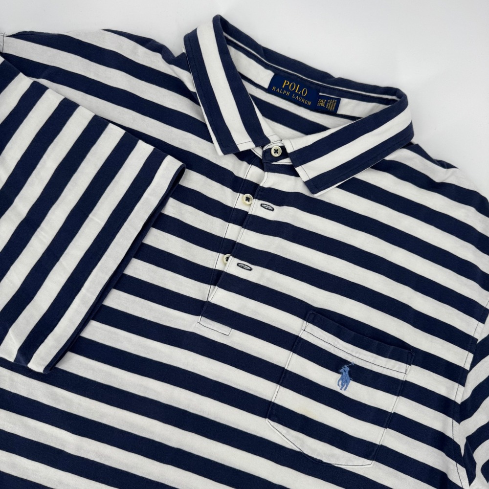 Polo Ralph Lauren Mens 2XLT Navy White Striped Pocket Polo Shirt‎ Short Sleeve